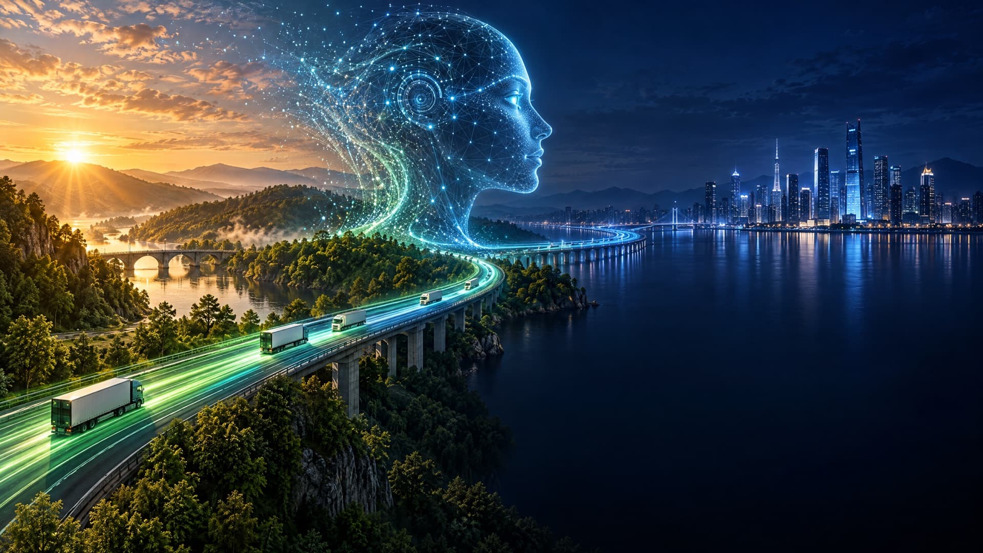 Dawn over forests and a road with trucks on green light trails, turning into night over water and a blue city. Between them, a face drawn from threads of light.